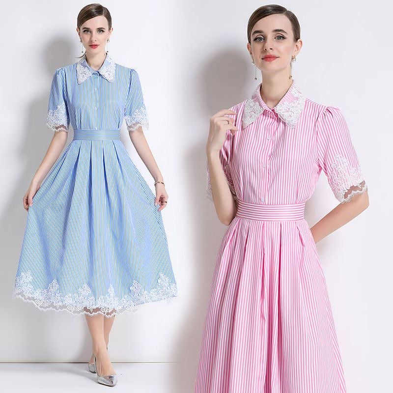 Set sọc nhỏ cổ sơ mi viền ren Màu Xanh 6786