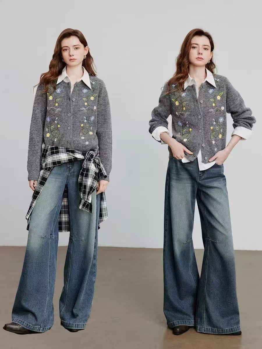 Áo khoác len thêu nhiều bông hoa nhỏ hai vạt áo Màu Xám 6881