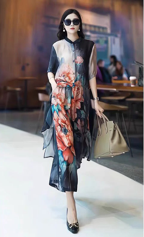 Set áo lụa dài thời trang màu xanh ngọc 2885