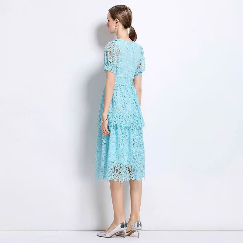 Đầm ren thiết kế hai tầng đính cườm eo Màu Xanh da trời 6306