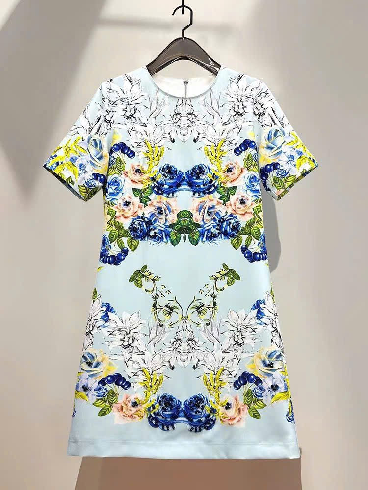 Đầm suông lụa 2 lớp hoạ tiết bông xanh 7464