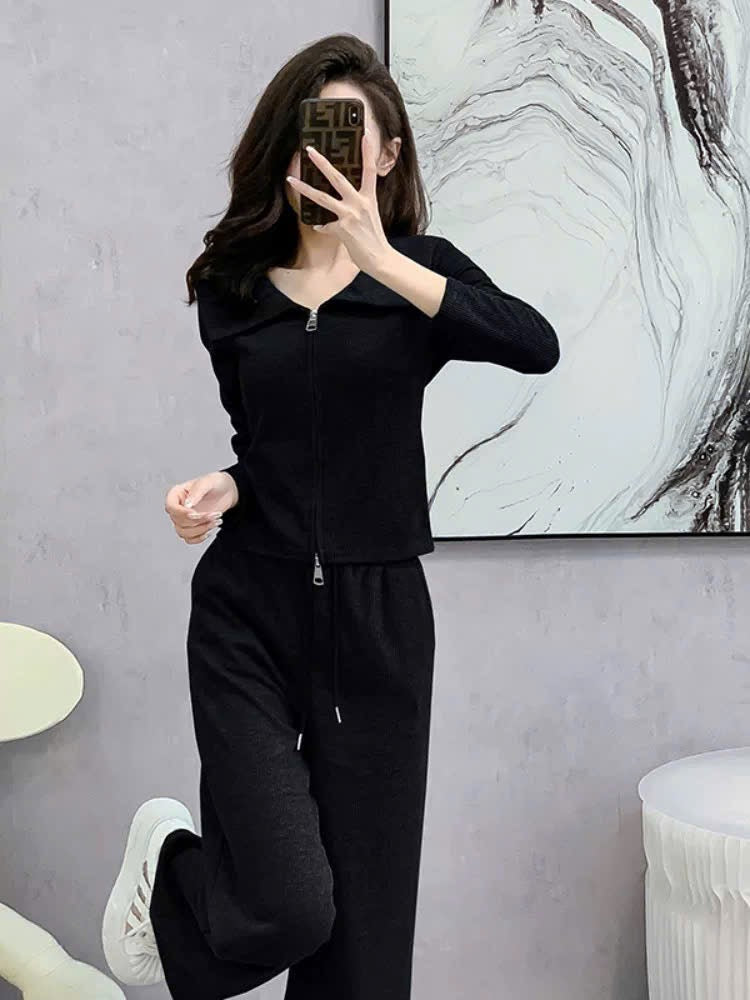 Set thể thao màu đen kéo khoá 3493