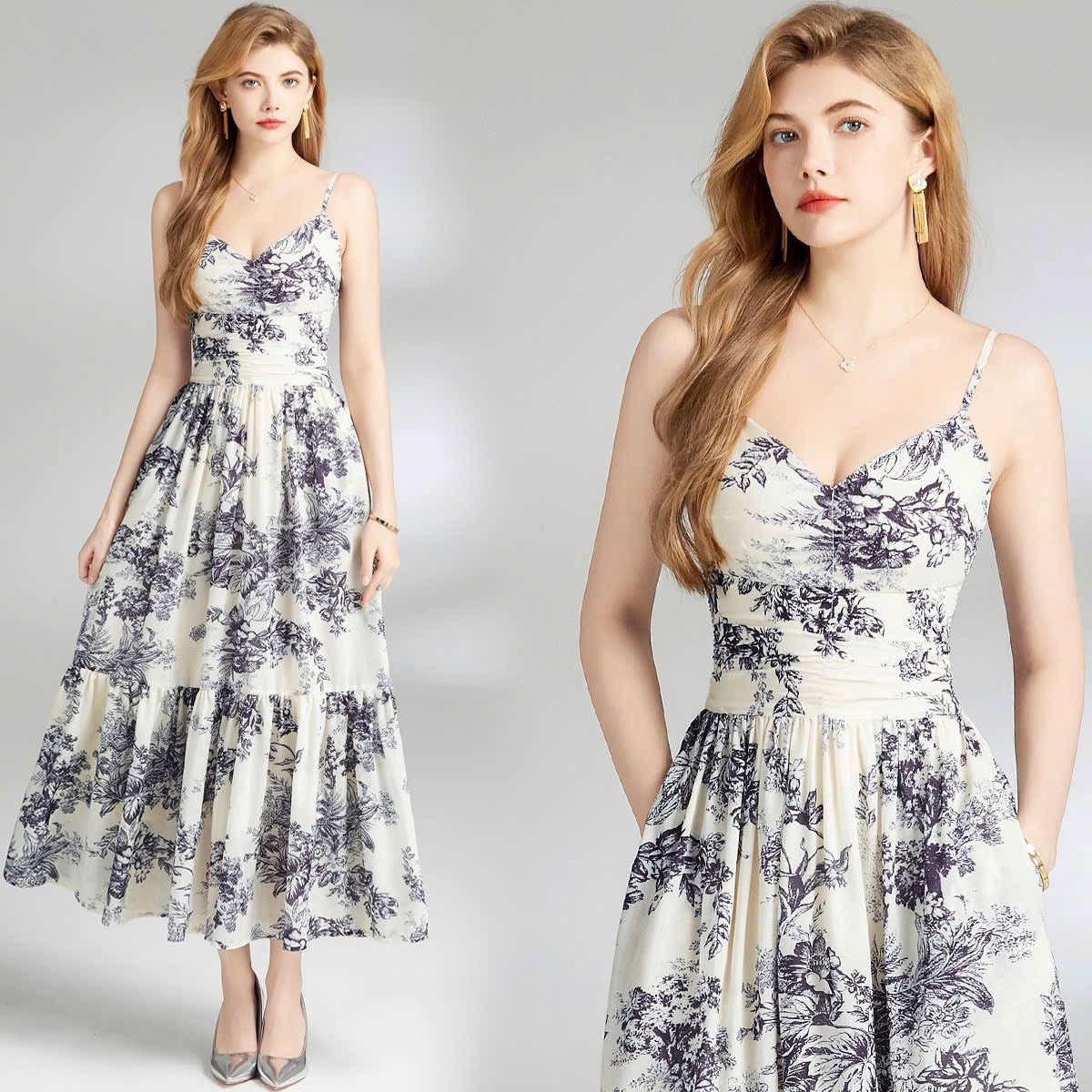 Đầm lụa 2 dây hoạ tiết CD 5850