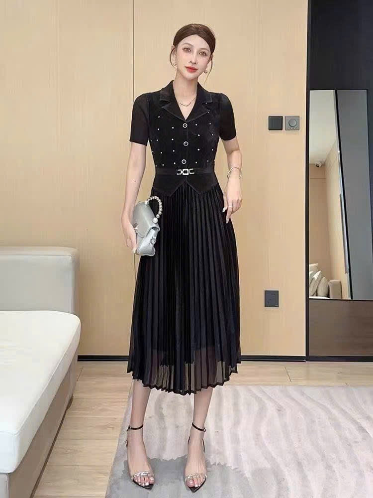 Đầm thun nhún cổ bẻ rất đẹp màu đen 6107