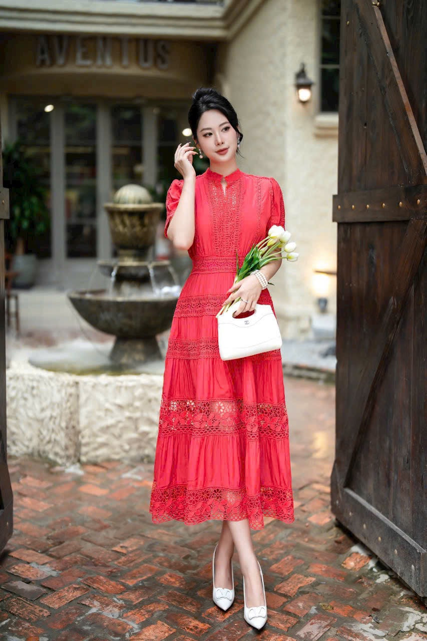 Đầm lụa phối ren tiểu thư xinh xắn 5088