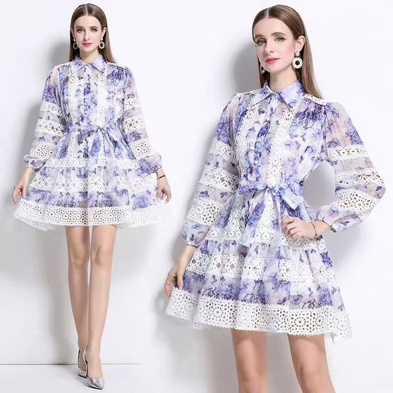 Đầm voan lụa tay dài dây cột màu tím 6334