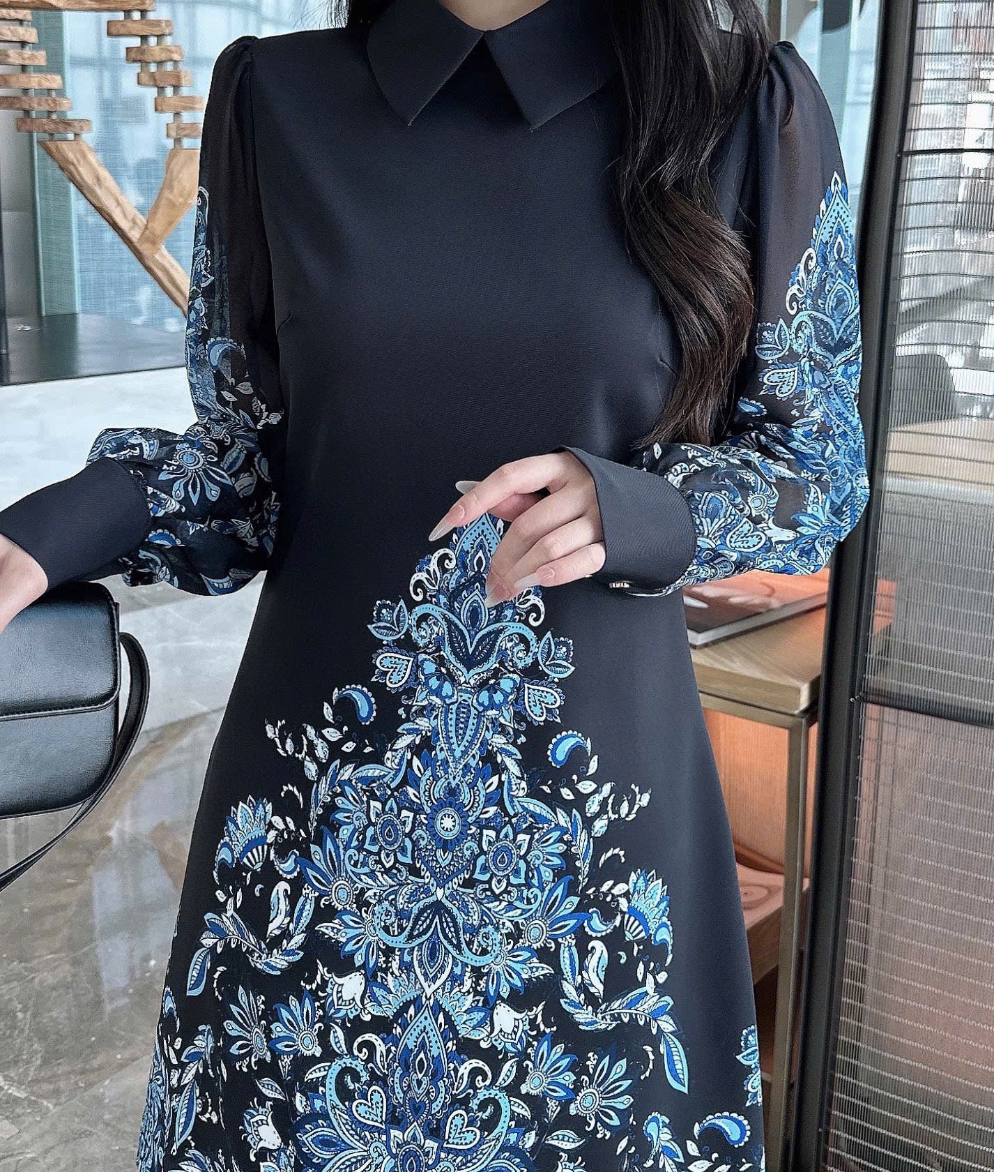 Đầm suông lụa dài tay hoạ tiết xanh MÀU ĐEN 3718