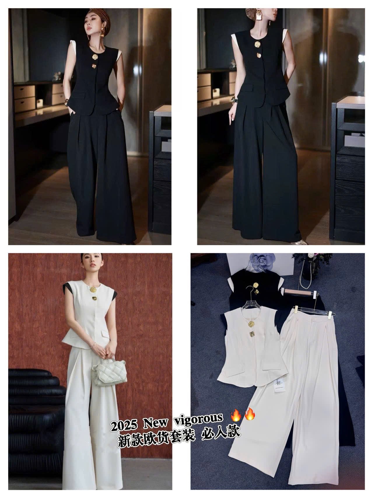 Set áo sát nách 2 nút vàng +quần suông mềm mại MÀU TRẮNG 5829