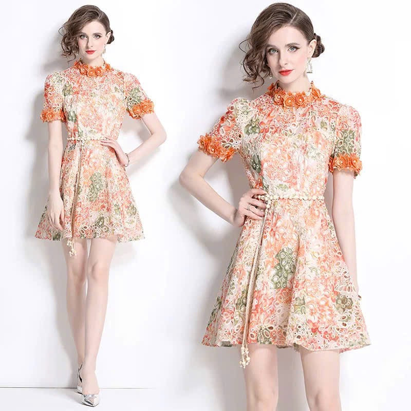 Đầm ren ngắn kèm dây belt bông màu xanh 6318