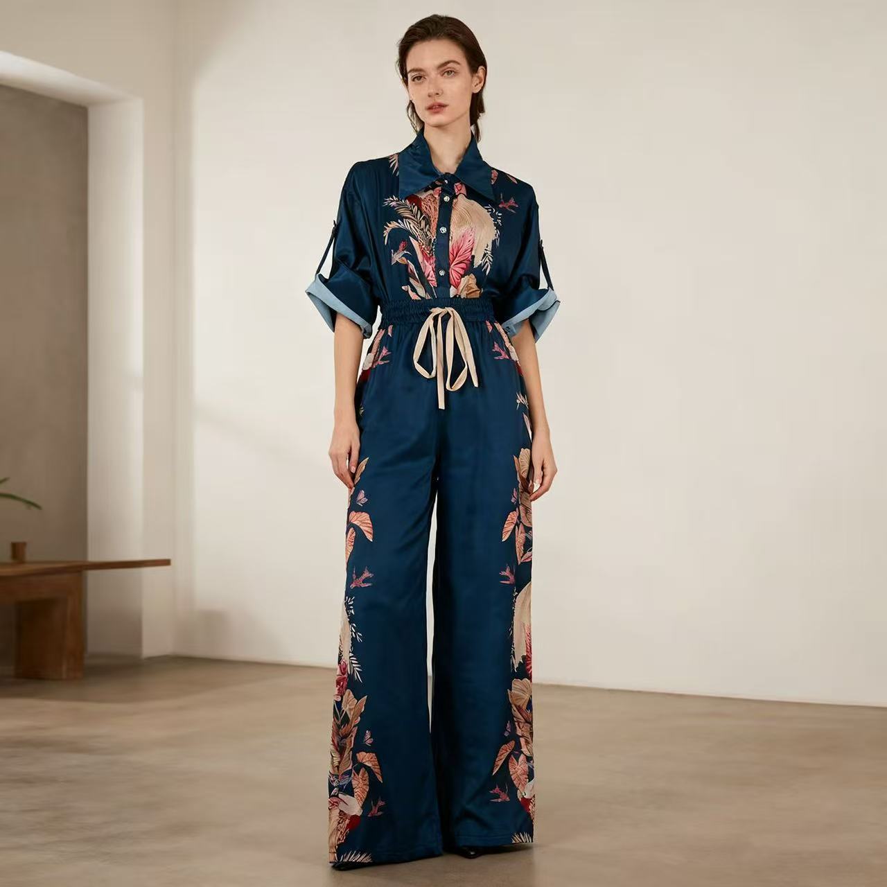 Set lụa áo sơ mi quần dài nên xanh than bông lá 7820