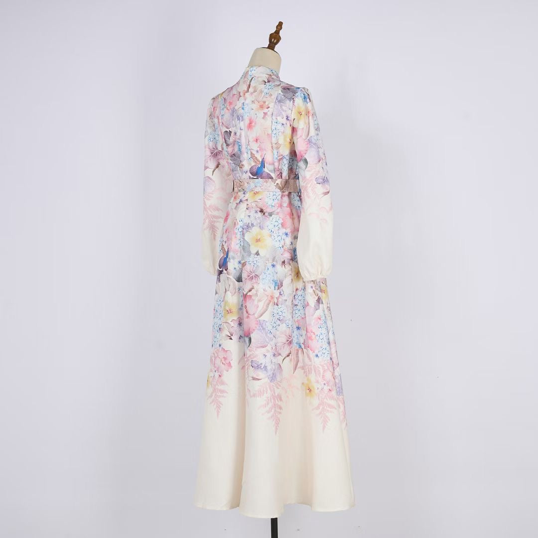 Đầm thiết kế dài tay nude phối hoa vàng kèm belt 6810