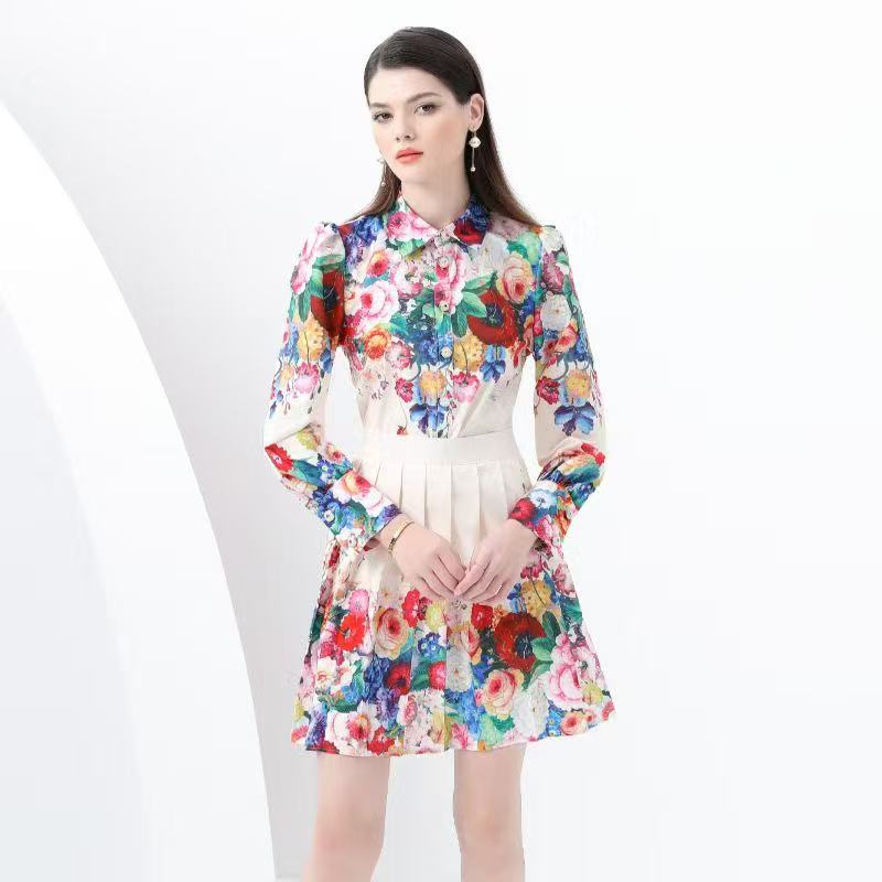 Set áo sơ mi chân váy nhiều bông 6777