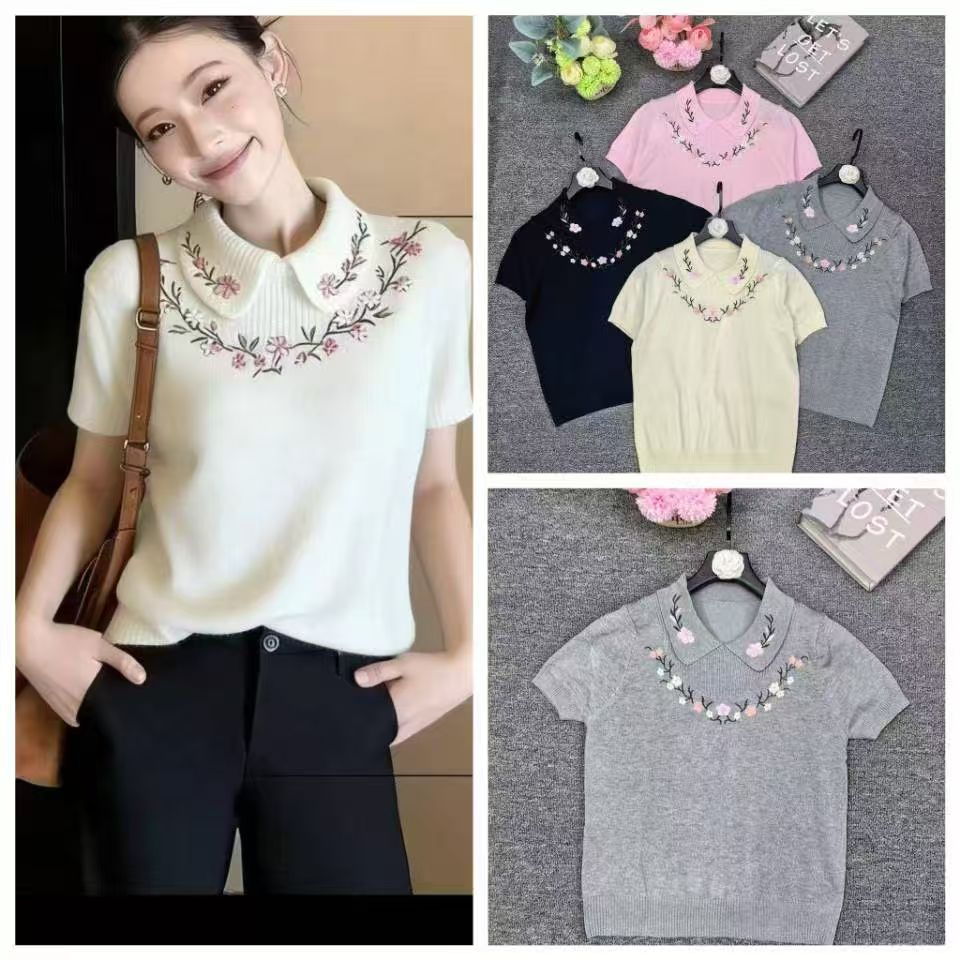 Áo cổ bẻ thêu bông hồng MÀU TRẮNG 7957