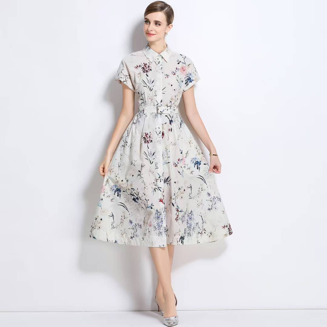 Đầm lụa kèm belt hoạ tiết xanh xám 6733