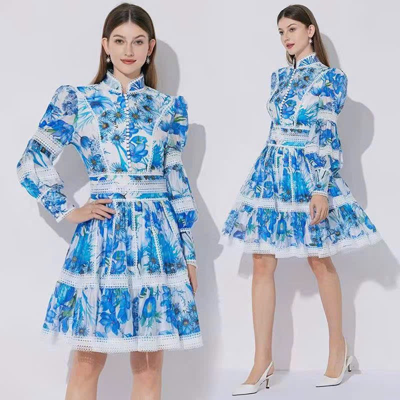 Đầm voan lụa cổ sơ mi ngắn tay dài kèm dây cột Màu Xanh Dương 6333