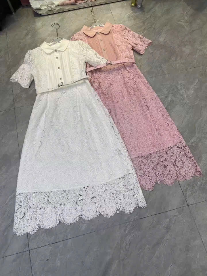 Đầm ren cổ sơ mi kèm belt tiểu thơ màu trắng 6308