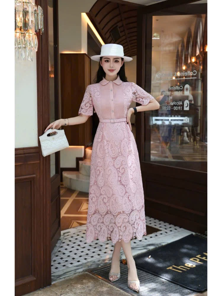 Đầm ren cổ sơ mi kèm belt tiểu thơ màu hồng 6307