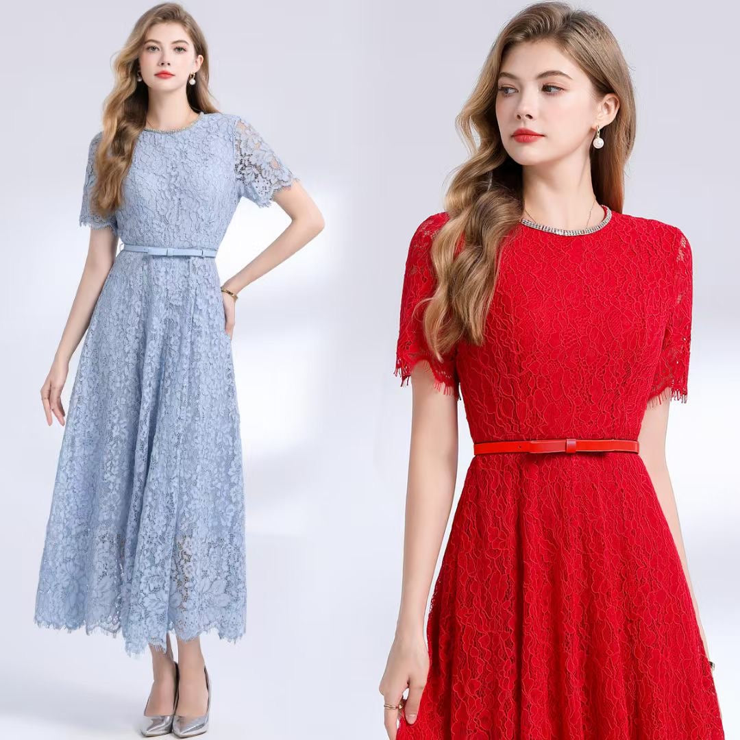 Đầm ren mềm dài kèm belt nhẹ nhàng màu ĐỎ 6779