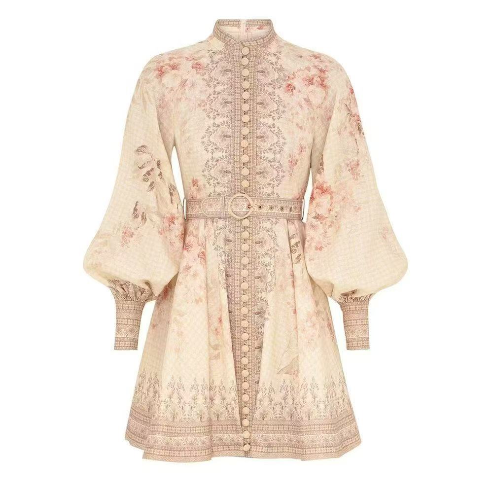 Đầm lụa ngắn kèm belt tay dài màu kem 6756