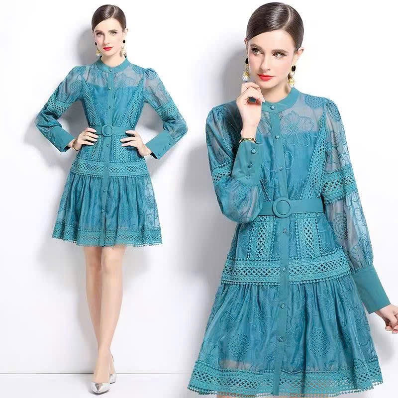 Đầm ren xanh cổ vịt kèm belt đẹp lạ 6365