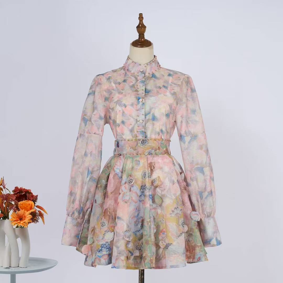 Set váy lụa ngắn xòe tay dài màu đen 6759