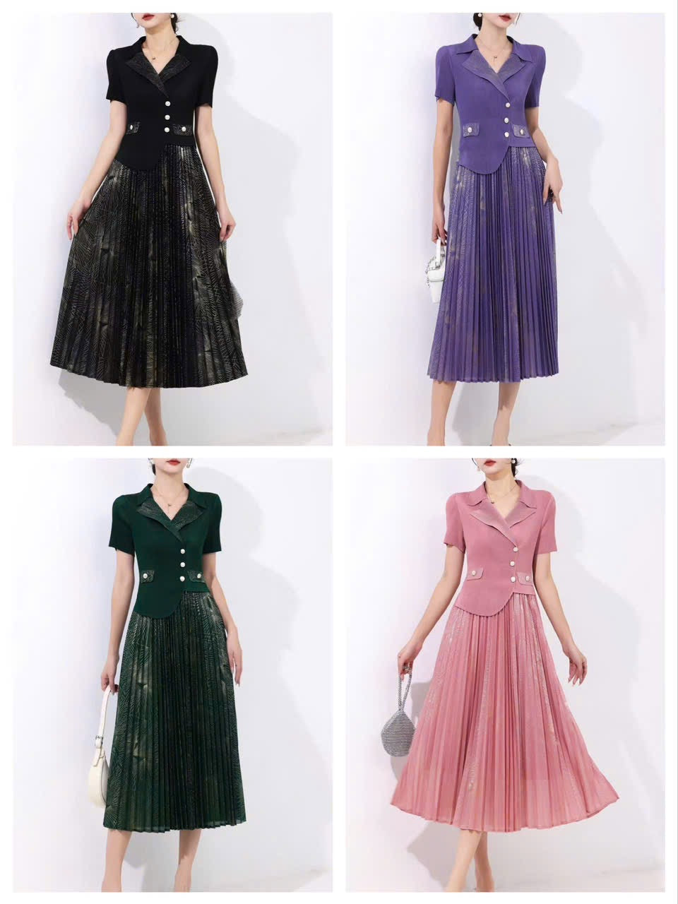 Đầm thun nhún xếp ly cổ vest màu Xanh Rêu 6058