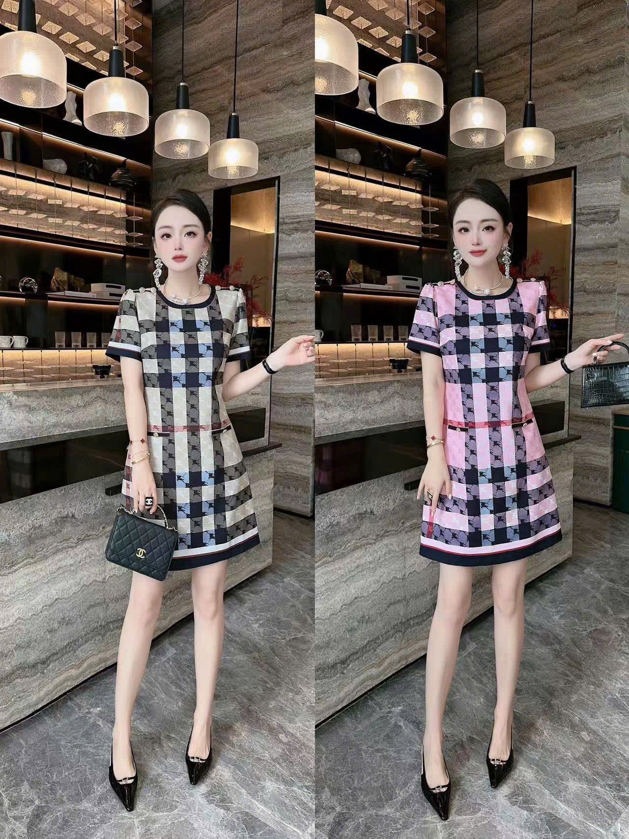 Đầm suông lụa sọc ô đẹp màu Hồng 7358