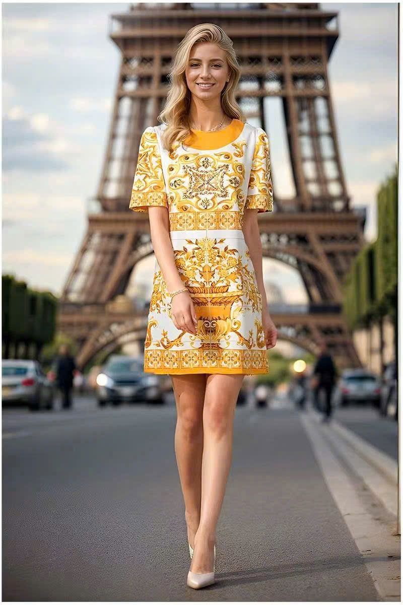 Đầm suông lụa hoạ tiết vàng đặc sắc 7352