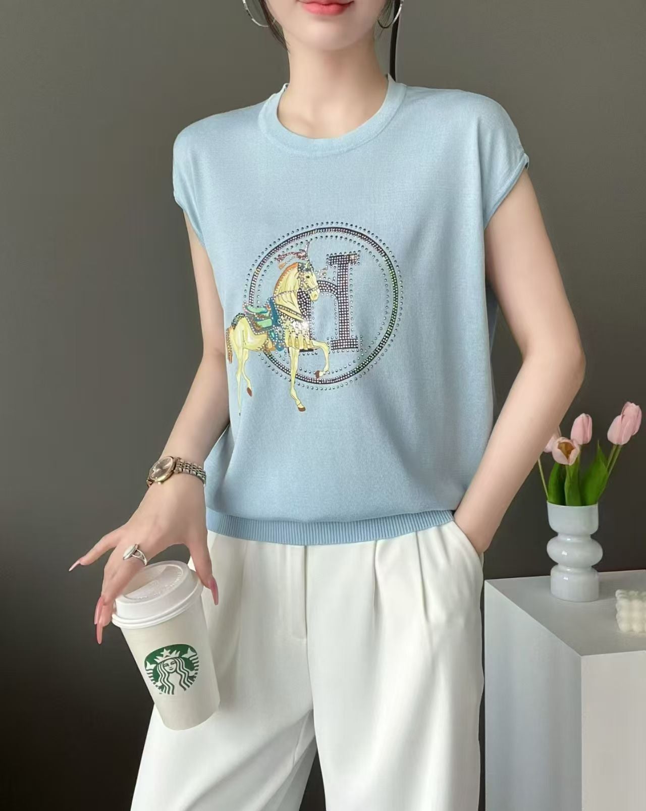 Áo Montoghi Hm ngựa đính đá MÀU ĐEN 8777