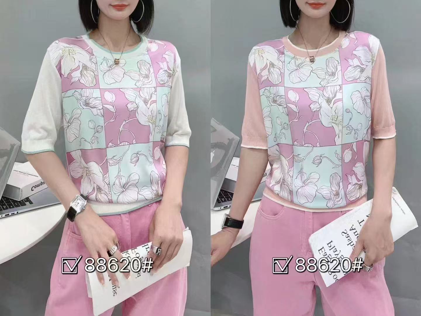 Áo Montoghi phối lụa mềm đẹp hoạ tiết hoa tay trắng xanh