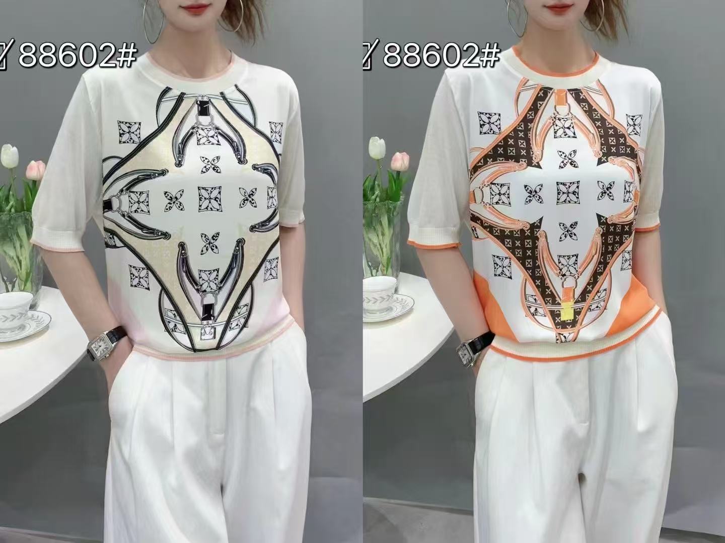 Áo Montoghi phối lụa mềm đẹp hoạ tiết Lv cam 8937