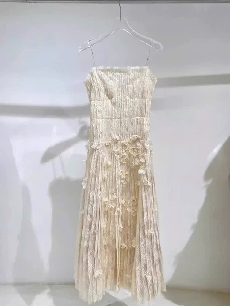 Đầm hai dây kem dài xếp ly nhỏ siêu đẹp 6067