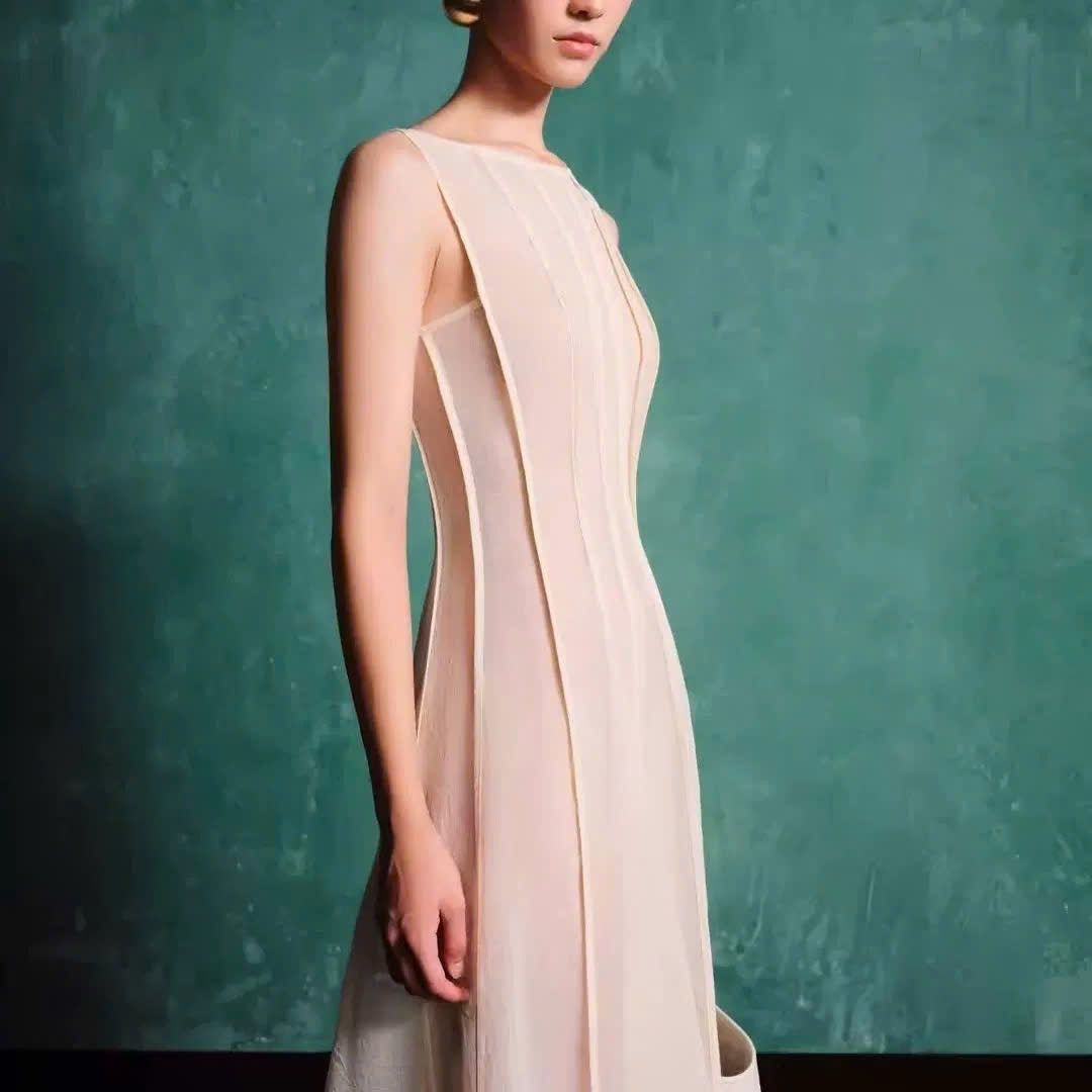 Đầm thiết kế sát nách form dài màu kem 6069