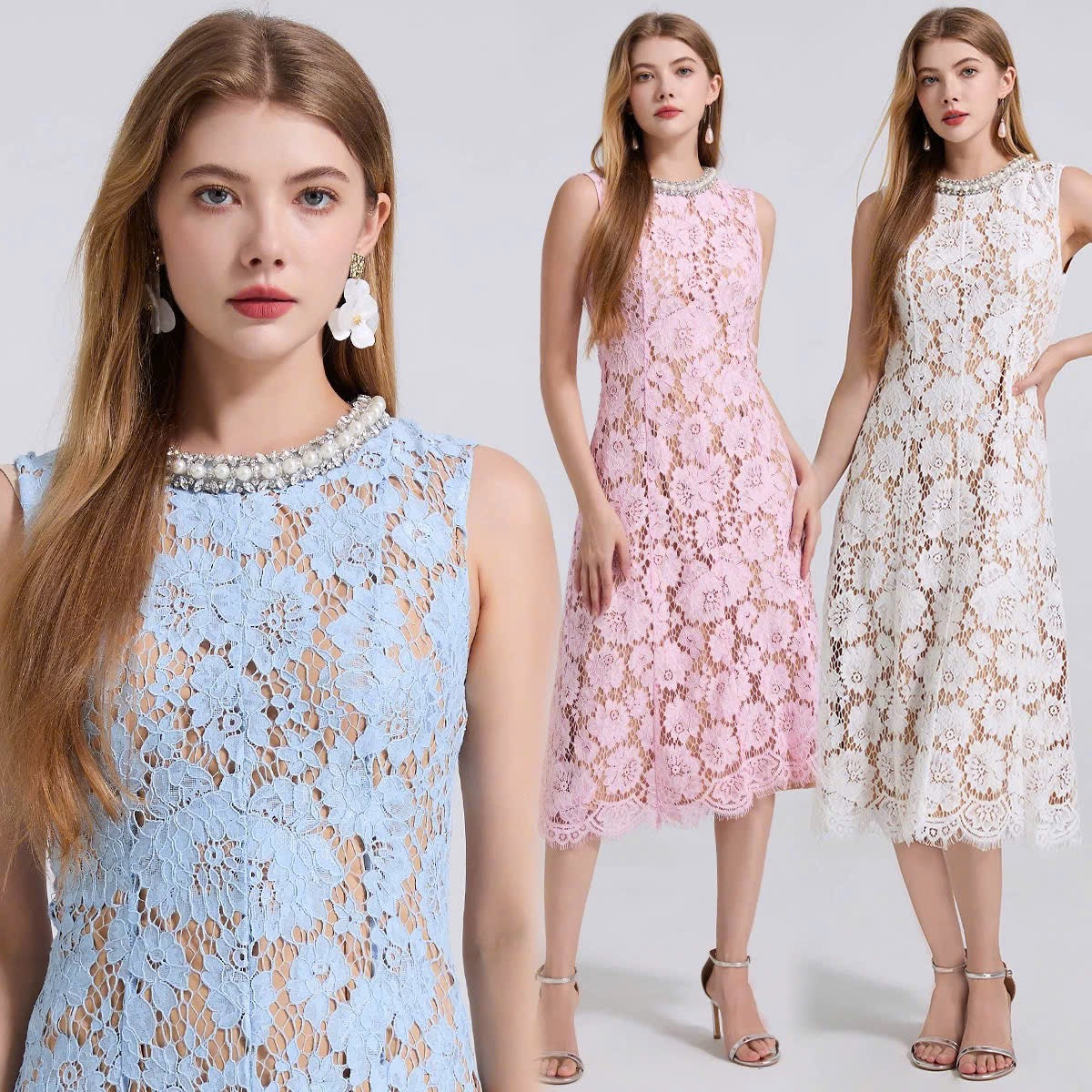 Đầm ren sát nách cổ đính hạt form lửng màu hồng 6078