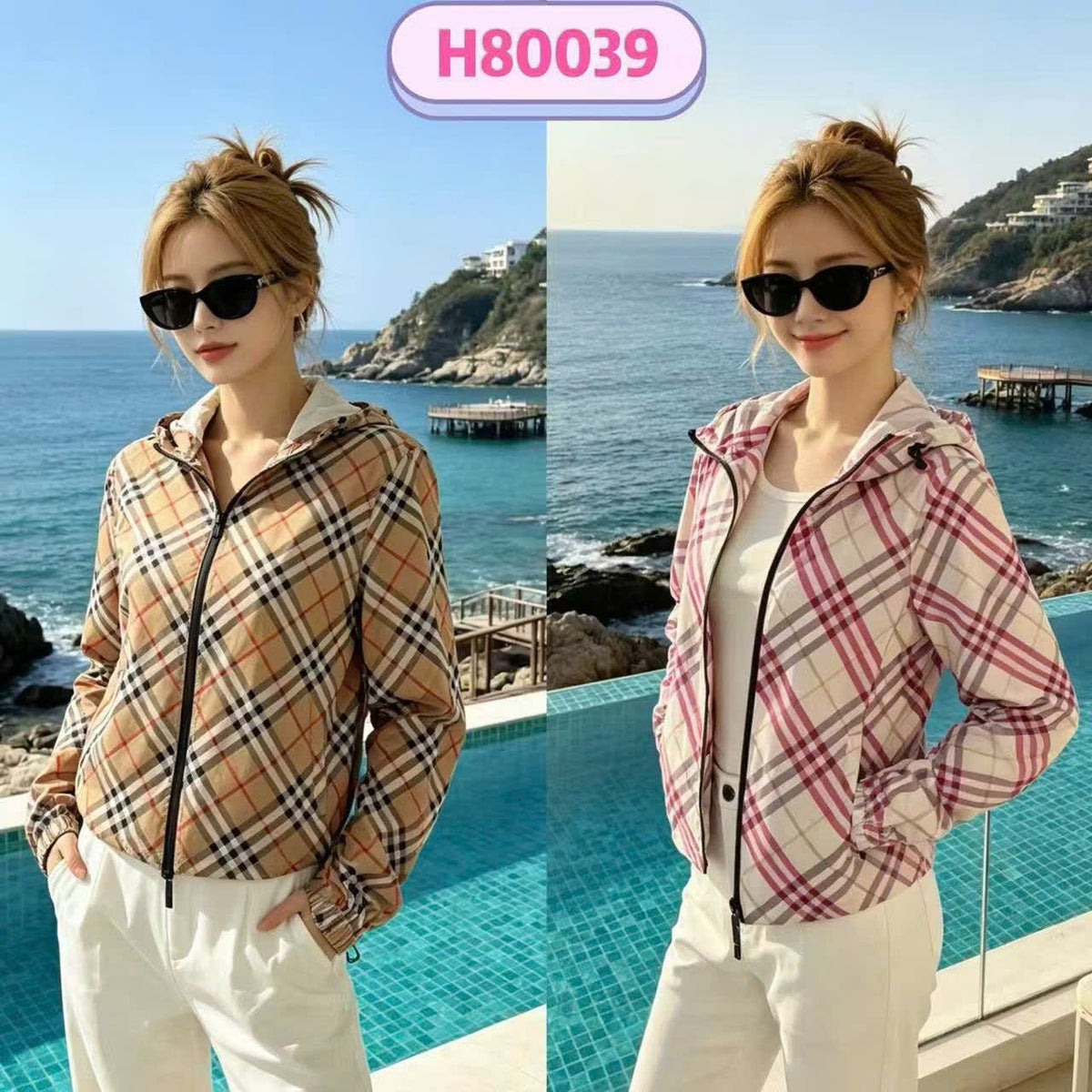 Áo BB khoác H8610039 caro khóa kéo có nón Màu Hồng 9204