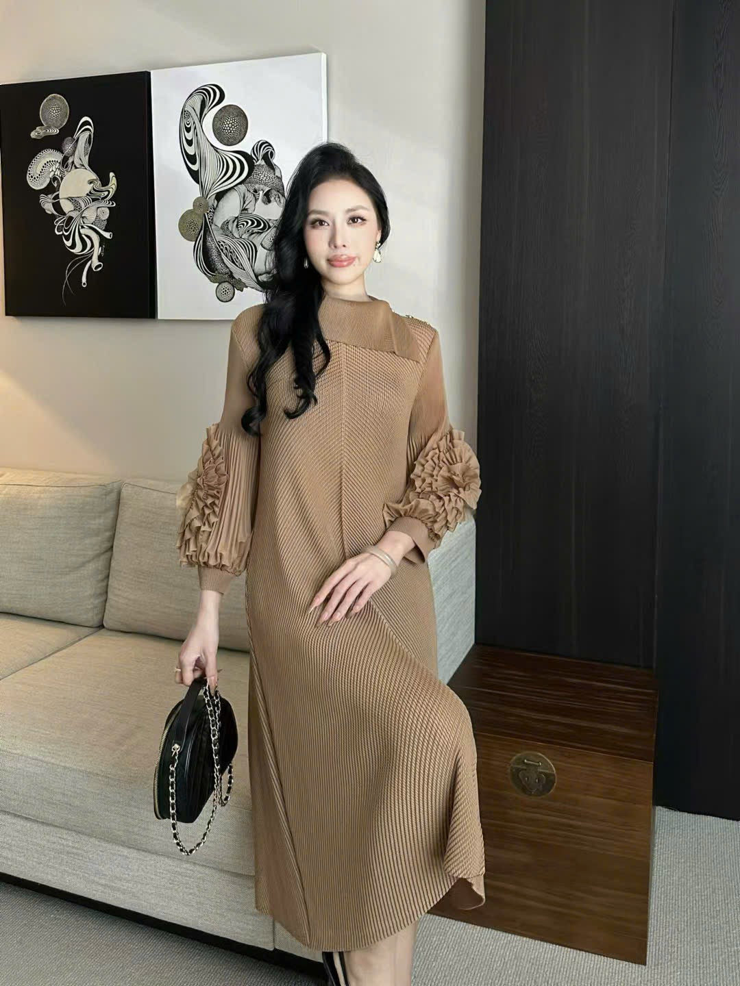 Đầm suông nhún cao cấp tay bồng Màu ĐEN 5024