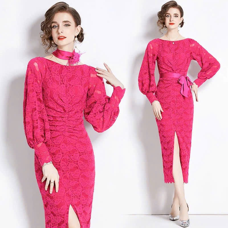 Đầm ren hồng sen dây cột eo mềm mại 6314