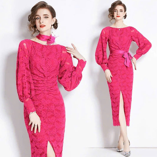 Đầm ren hồng sen dây cột eo mềm mại 6314