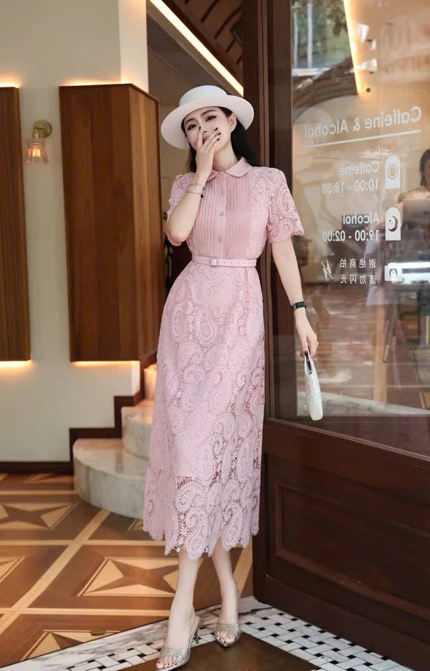 Đầm ren cổ sơ mi kèm belt tiểu thơ màu hồng 6307