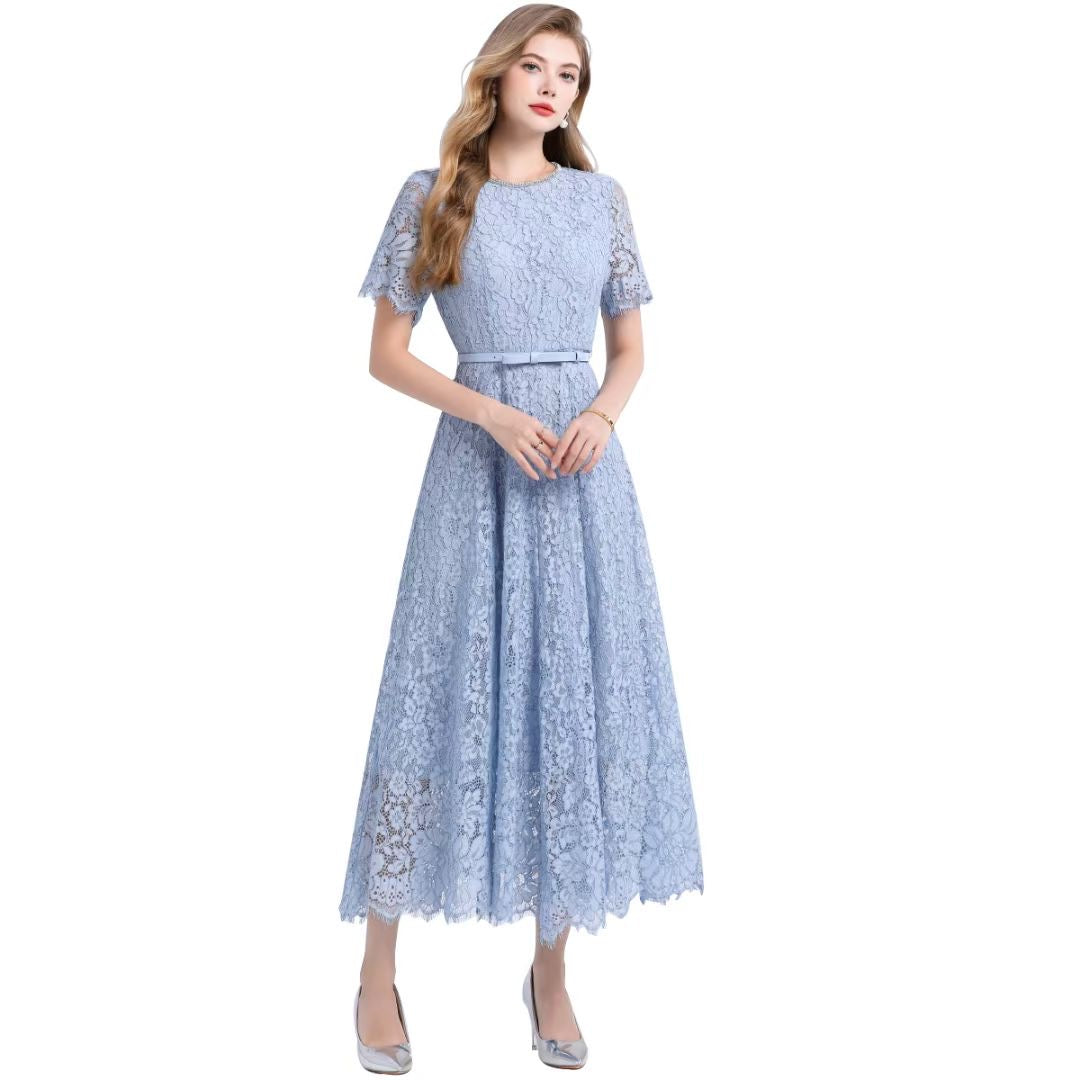 Đầm ren mềm dài kèm belt nhẹ nhàng màu xanh 6778