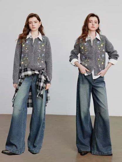 Áo khoác len thêu nhiều bông hoa nhỏ hai vạt áo Màu Xám 6881