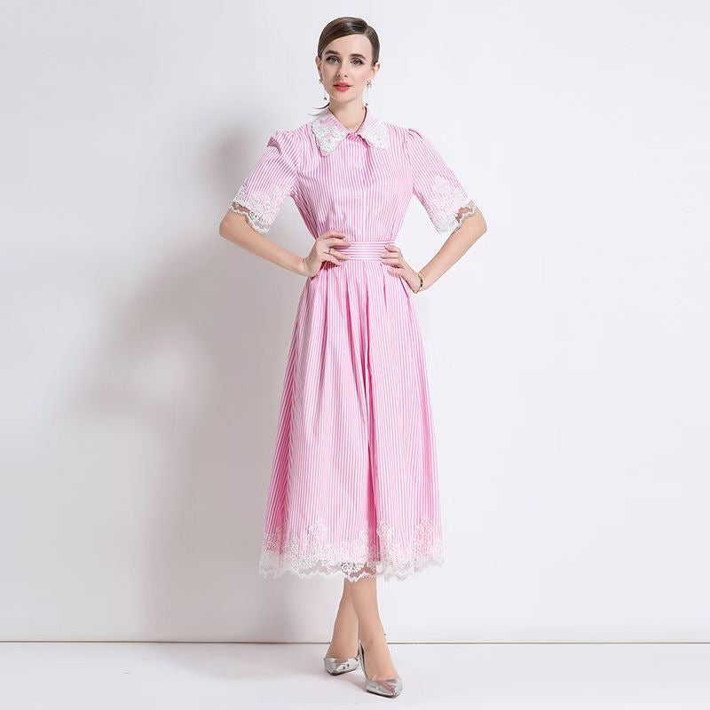 Set sọc nhỏ cổ sơ mi viền ren Màu Xanh 6786