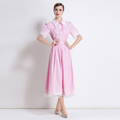 Set sọc nhỏ cổ sơ mi viền ren Màu Xanh 6786