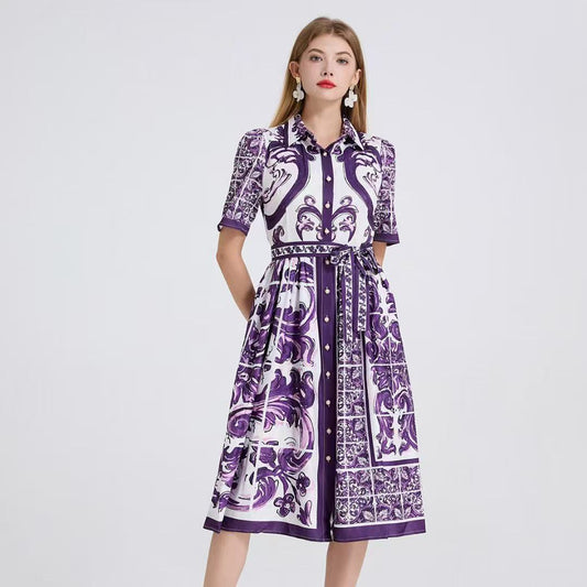 Đầm lụa hoạ tiết tím 6728