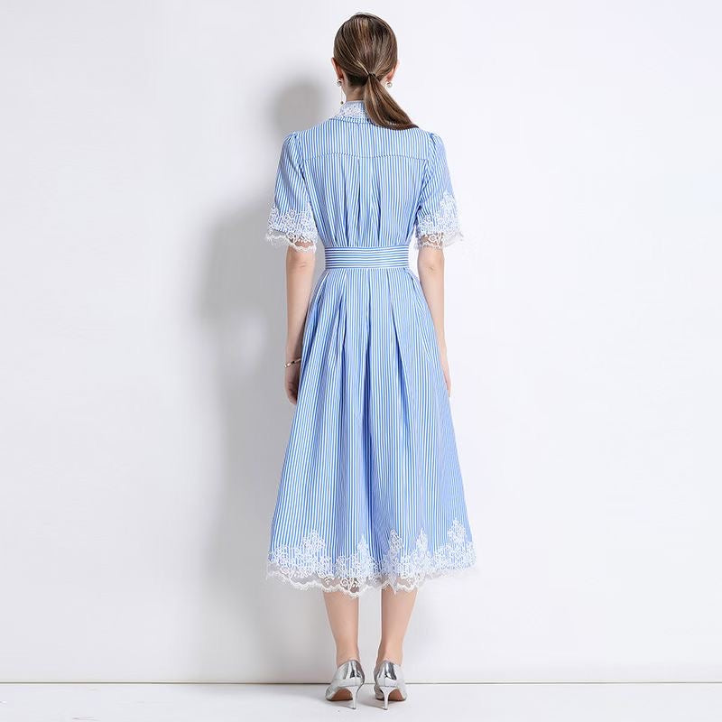 Set sọc nhỏ cổ sơ mi viền ren Màu Xanh 6786