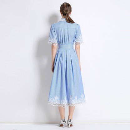 Set sọc nhỏ cổ sơ mi viền ren Màu Xanh 6786