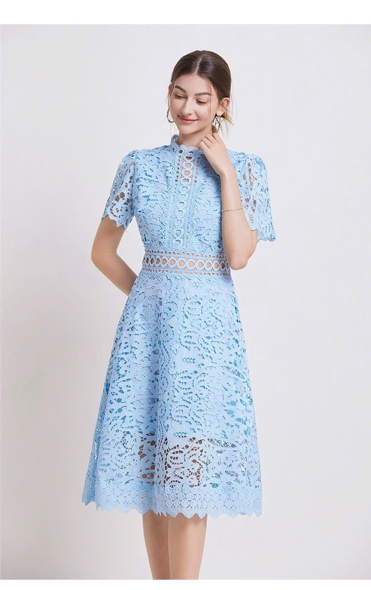 Đầm ren liền viền eo xịn MÀU XANH DA TRỜI 6063