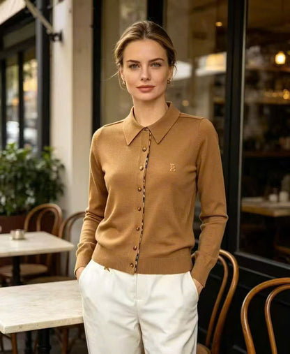 Áo len BBR 416 cổ bẻ cài nút viền sọc caro nâu Màu Nâu 9682