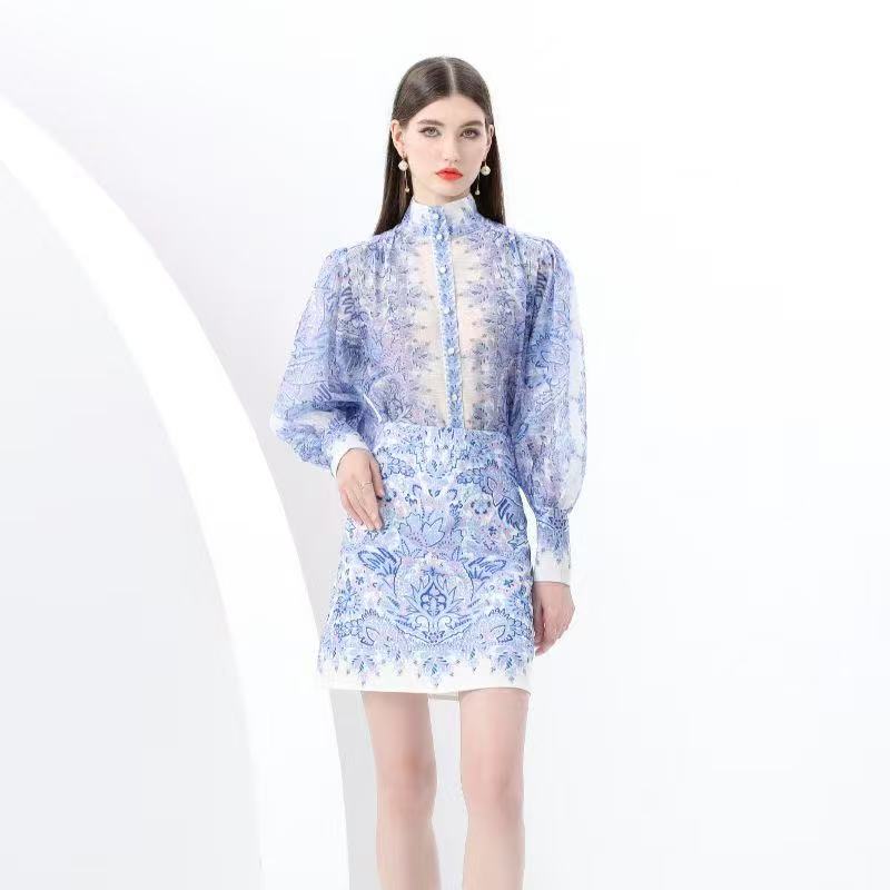 Set váy ngắn áo sơ mi bông xanh cực đẹp 6748