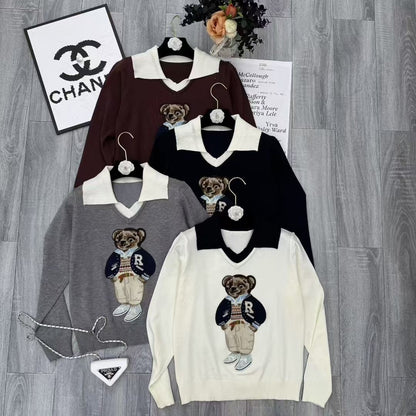 Áo len gấu dài tay cổ bẻ màu Đỏ Đậm 6887